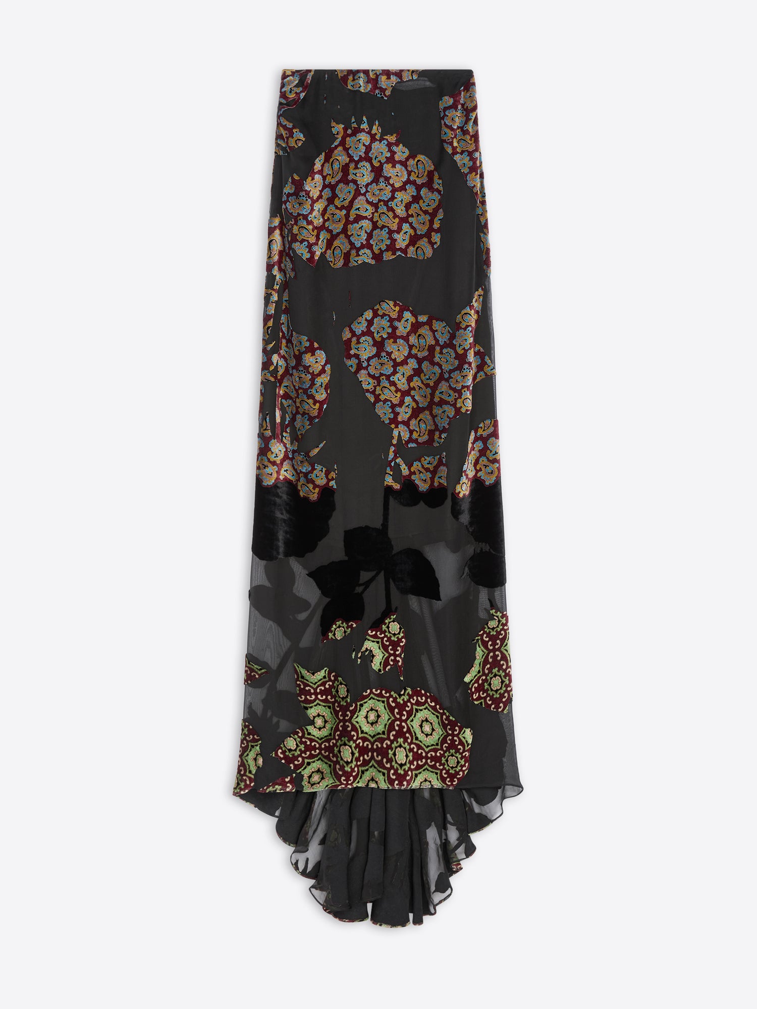 Long, black, floral patterned skirt on a white background