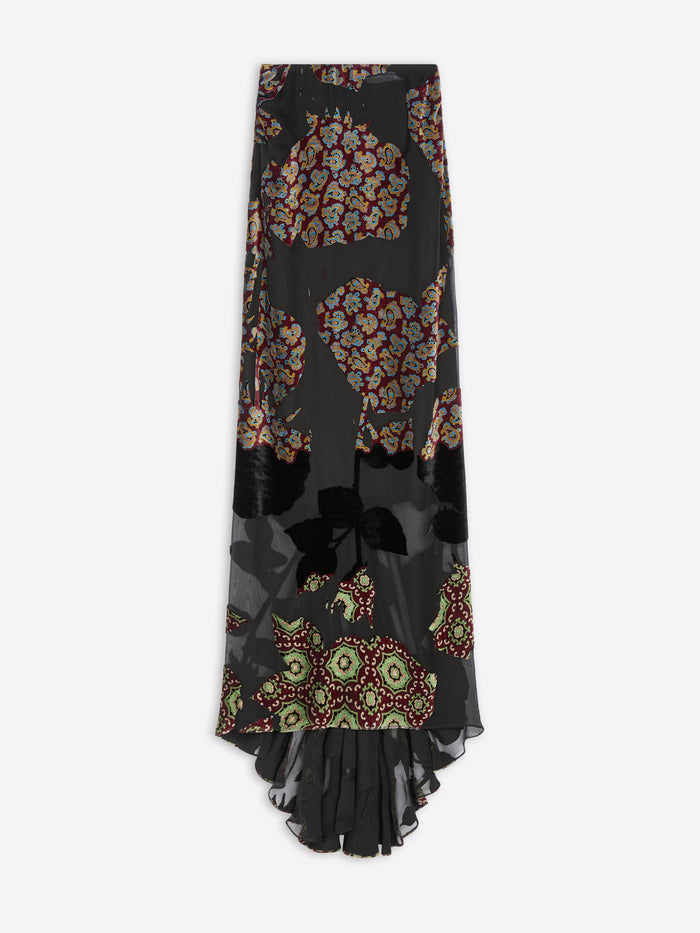 Long, black, floral patterned skirt on a white background