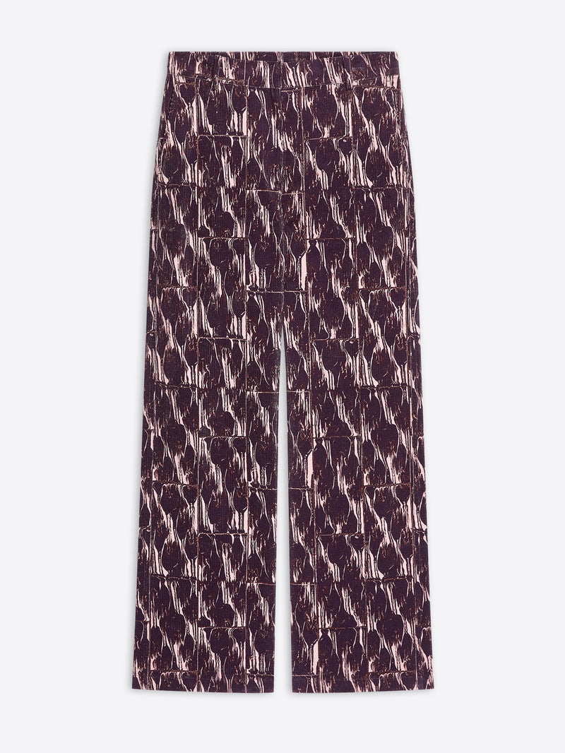 Burgundy patterned pants on a white background