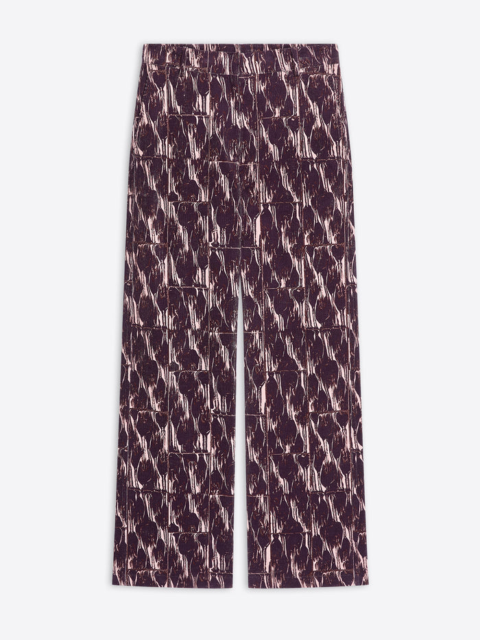 Burgundy patterned pants on a white background