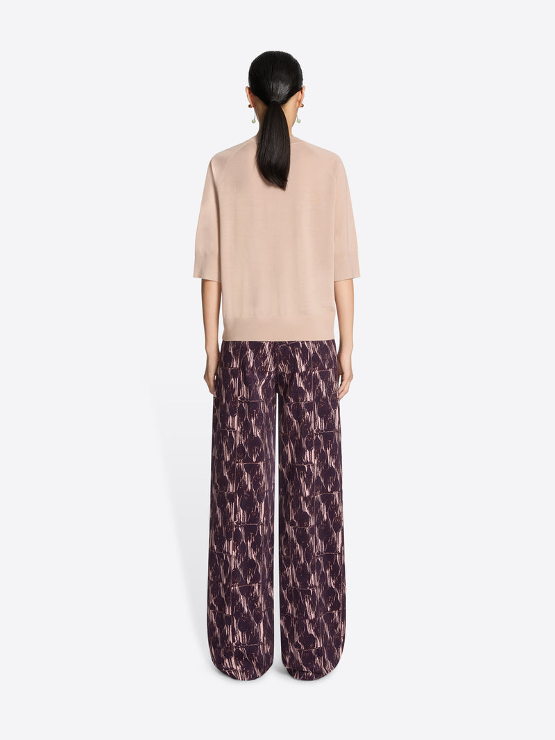 Woman wearing a light pink top and burgundy patterned pants on a white background