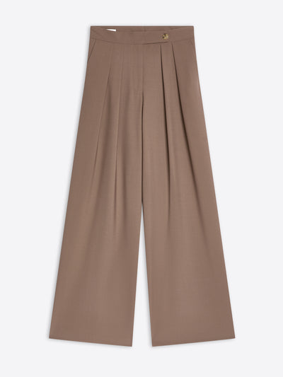Taupe, wool wide pleated pants on a white background - Dries Van Noten