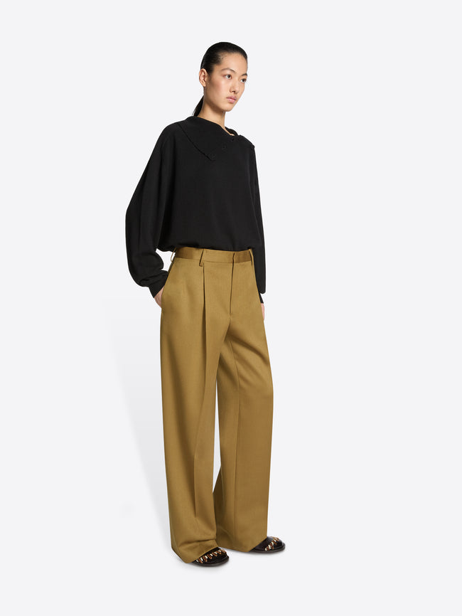 Person wearing a black top and umber colored pants on a white background