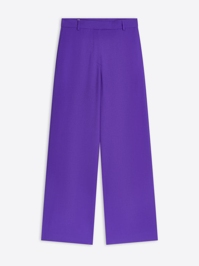 Purple, woolen wide-leg pants on a white background