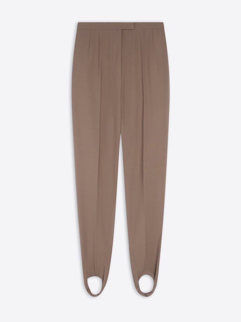 Taupe stirrup pants on a white background