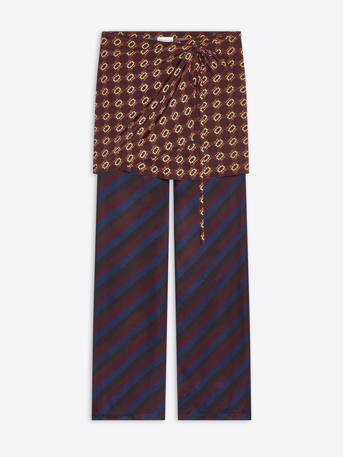 Navy patterned printed skirt pants on a white background