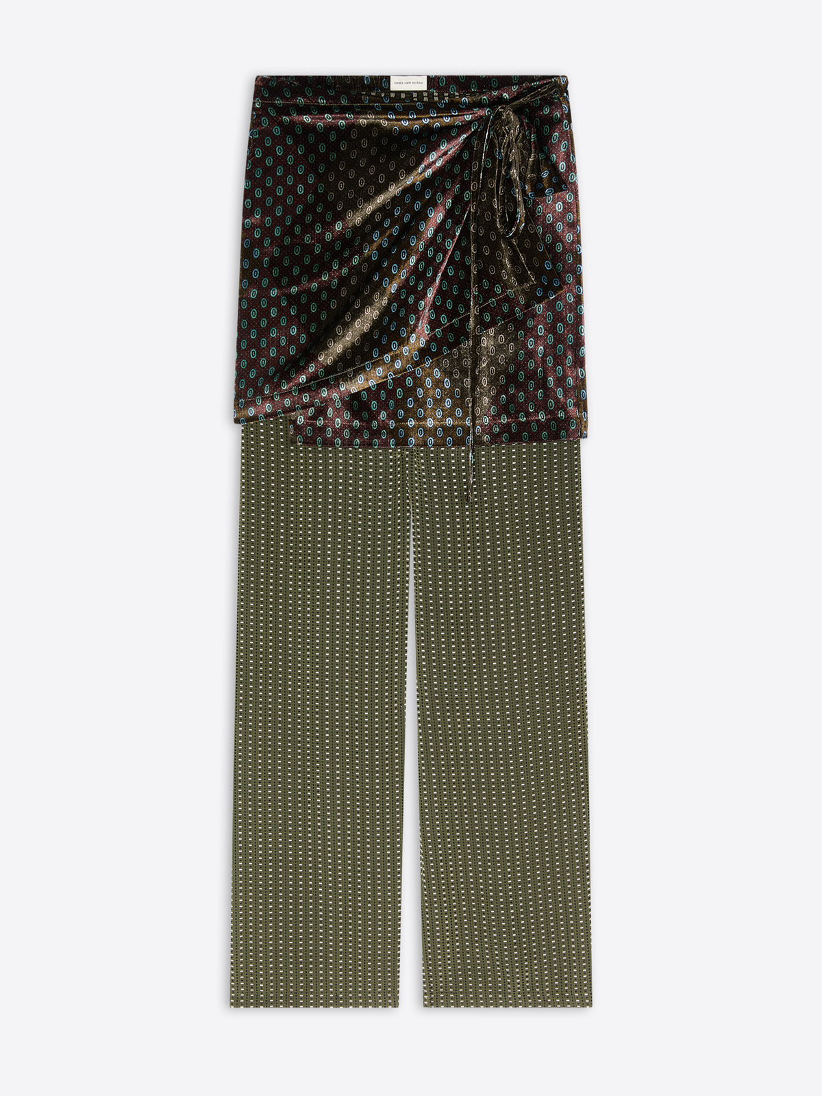 Two pairs of patterned pants on a white background