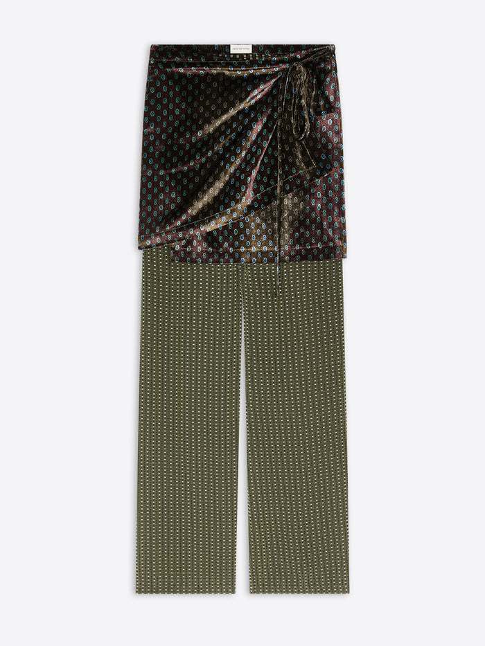 Two pairs of patterned pants on a white background
