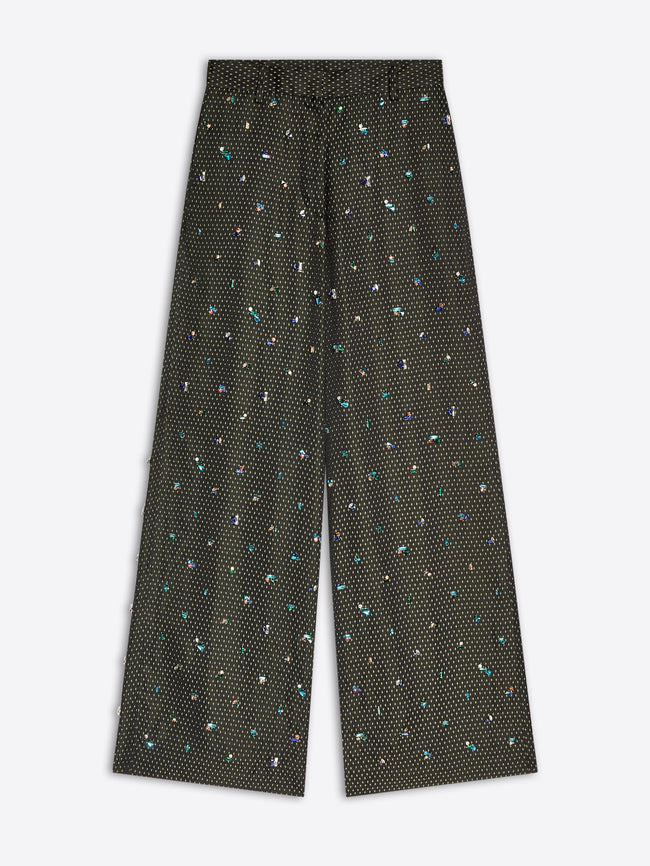 Black embellished wide leg pants on a white background