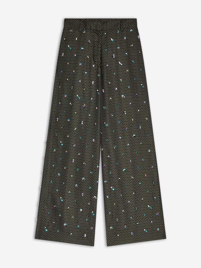 Black embellished wide leg pants on a white background