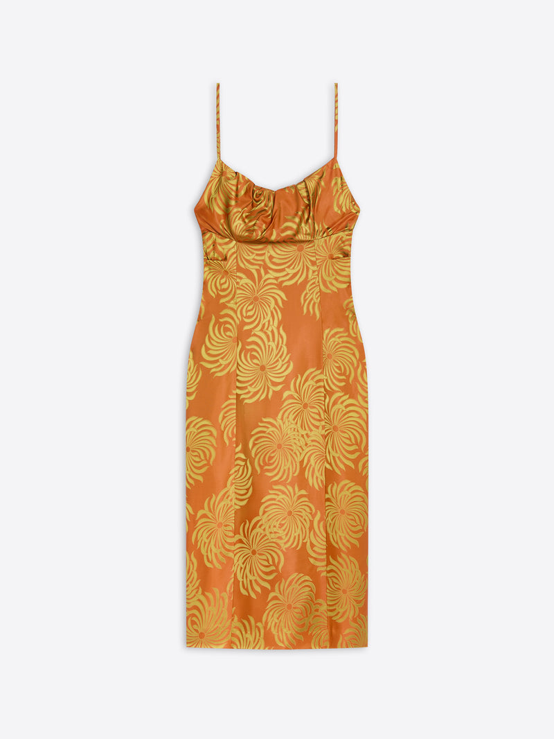 Orange dress with yellow floral pattern on a white background