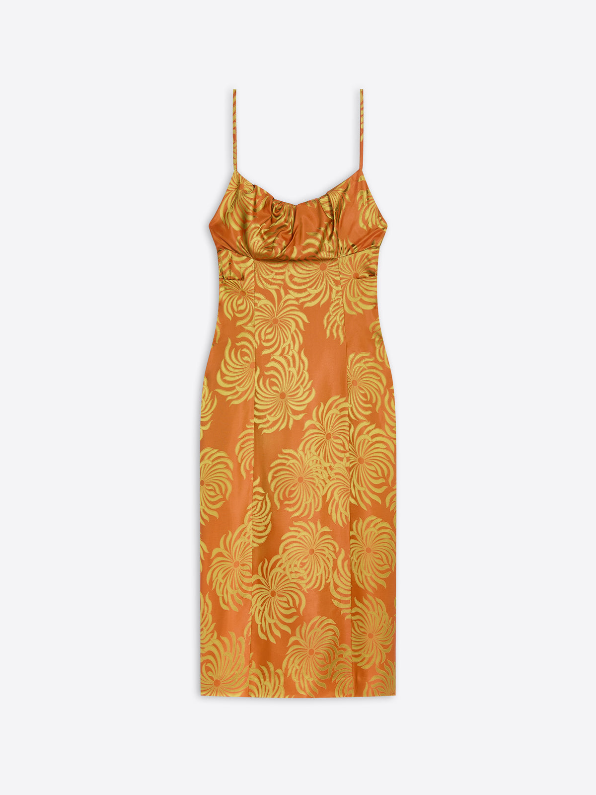 Orange dress with yellow floral pattern on a white background