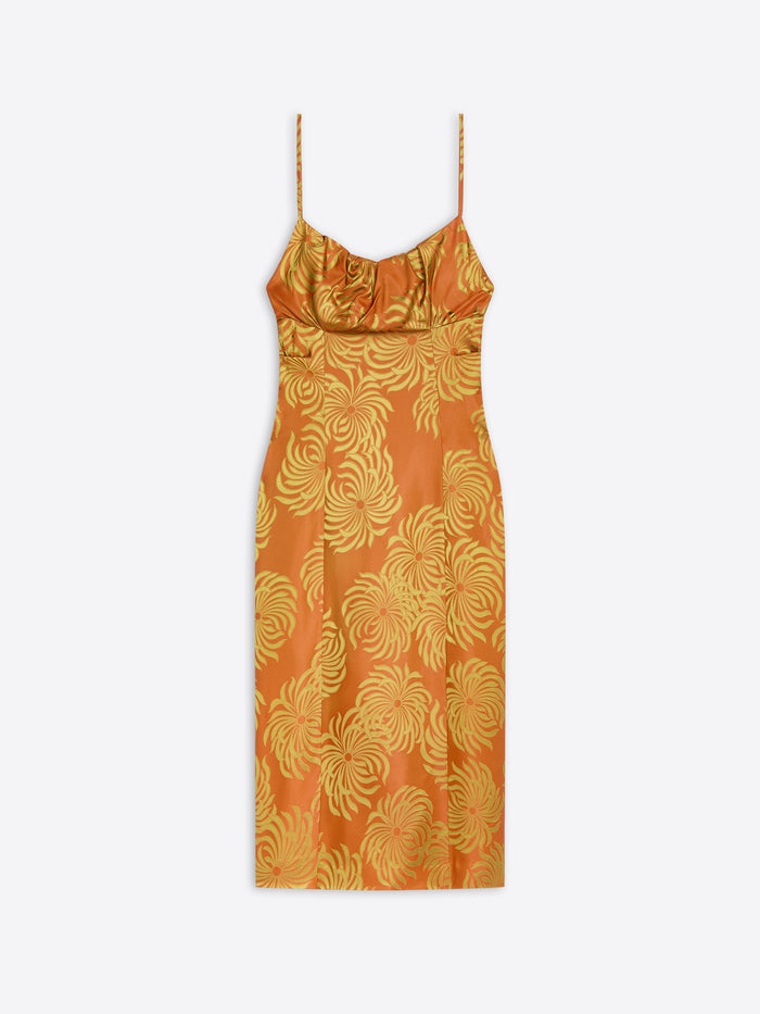 Orange dress with yellow floral pattern on a white background