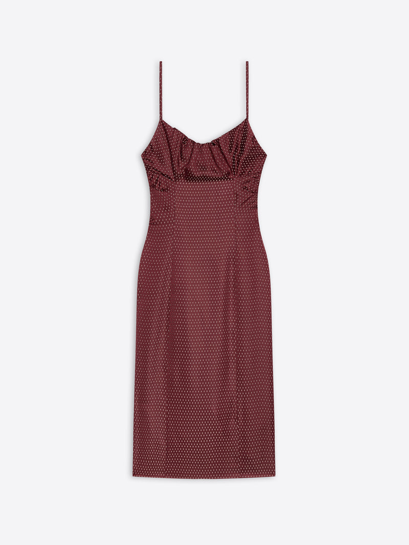 Burgundy patterned dress with thin straps on a white background