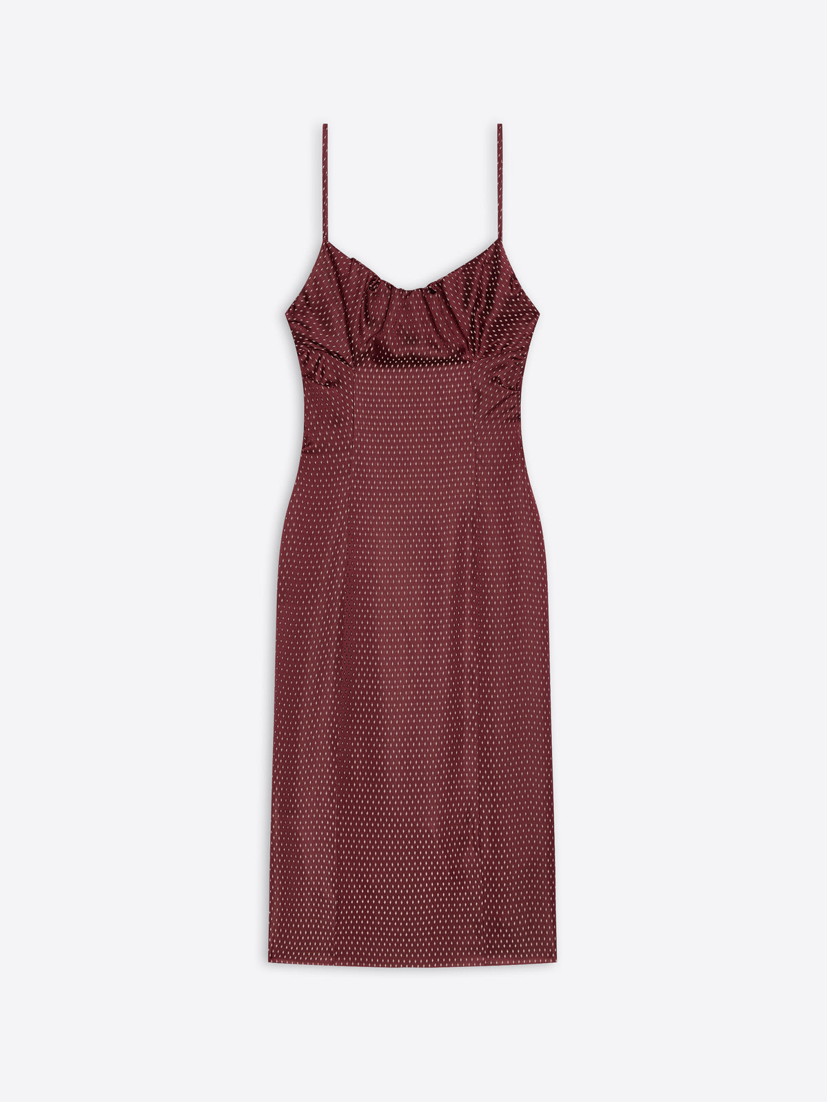 Burgundy patterned dress with thin straps on a white background