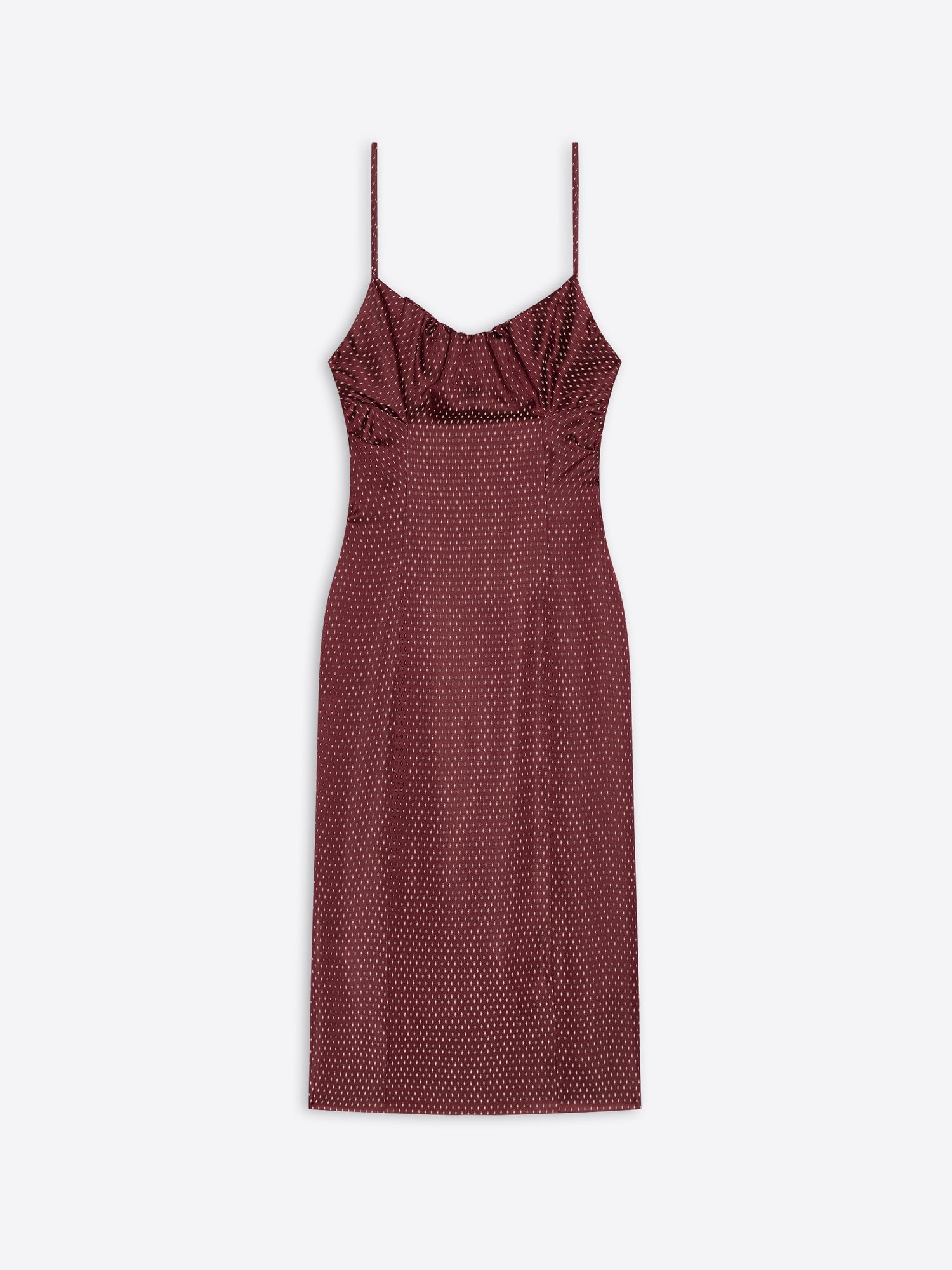 Burgundy patterned dress with thin straps on a white background