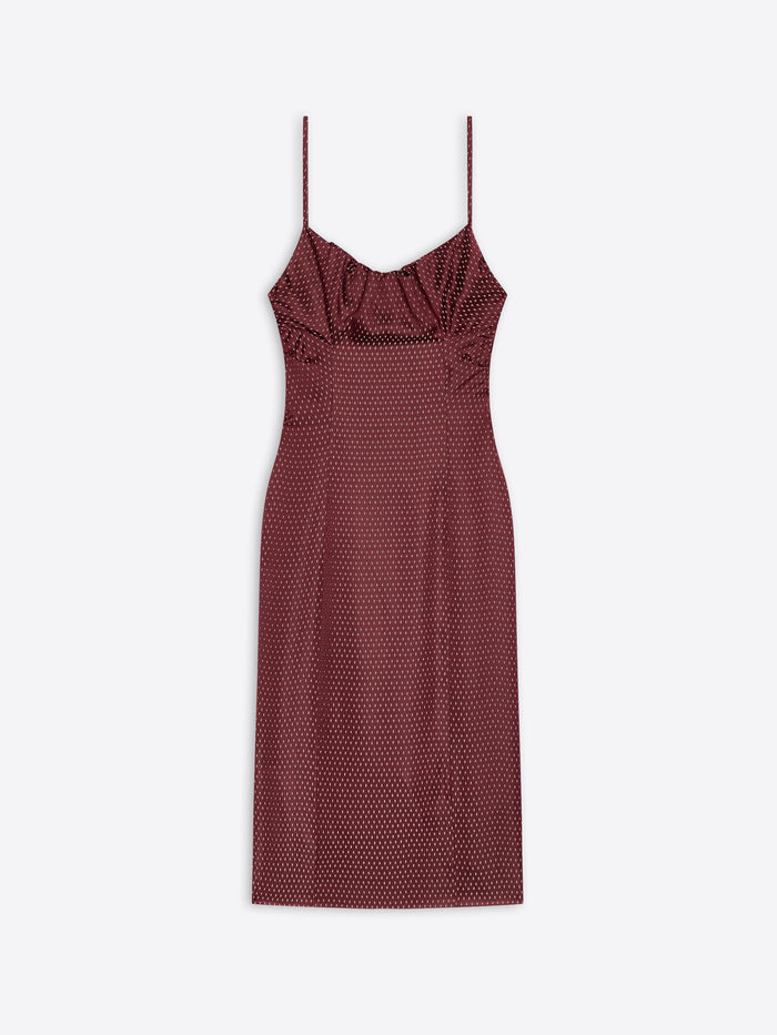 Burgundy patterned dress with thin straps on a white background