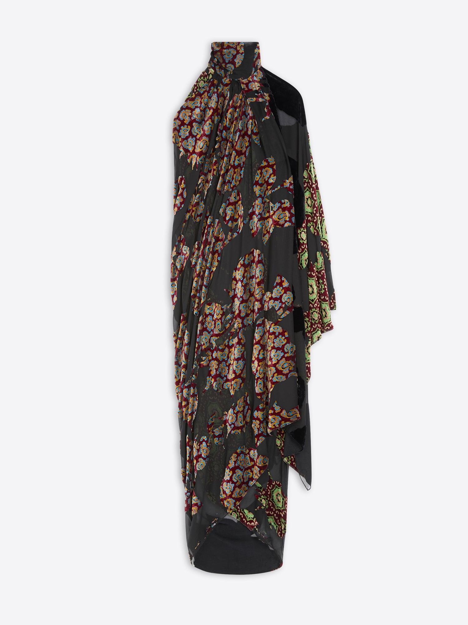 Long black floral patterned dress with a high neckline on a white background