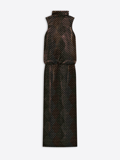 Black printed, floor-length evening dress with turtleneck on a white background - Dries Van Noten