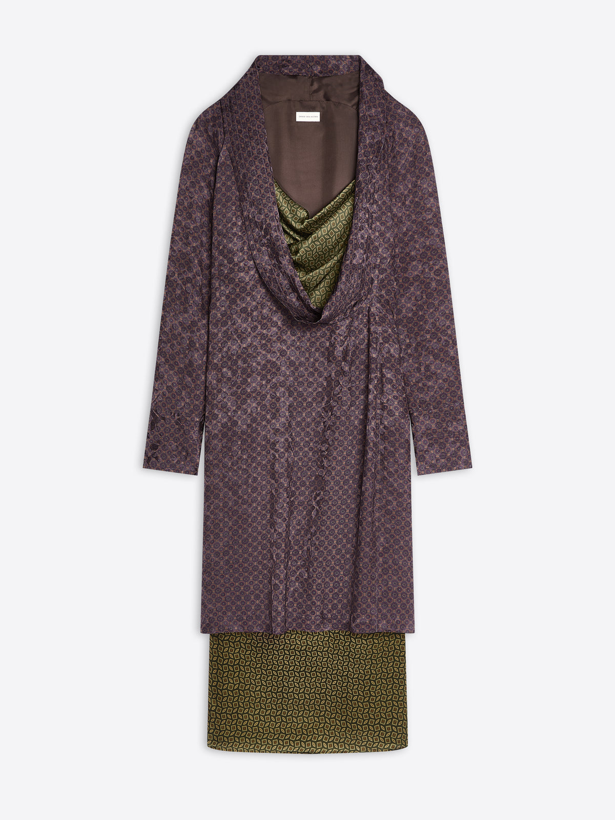 Long brown and green patterned dress with a draped effect on a white background