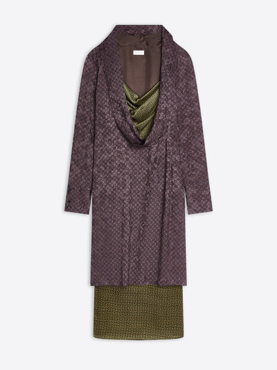 Long brown and green patterned dress with a draped effect on a white background - Dries Van Noten