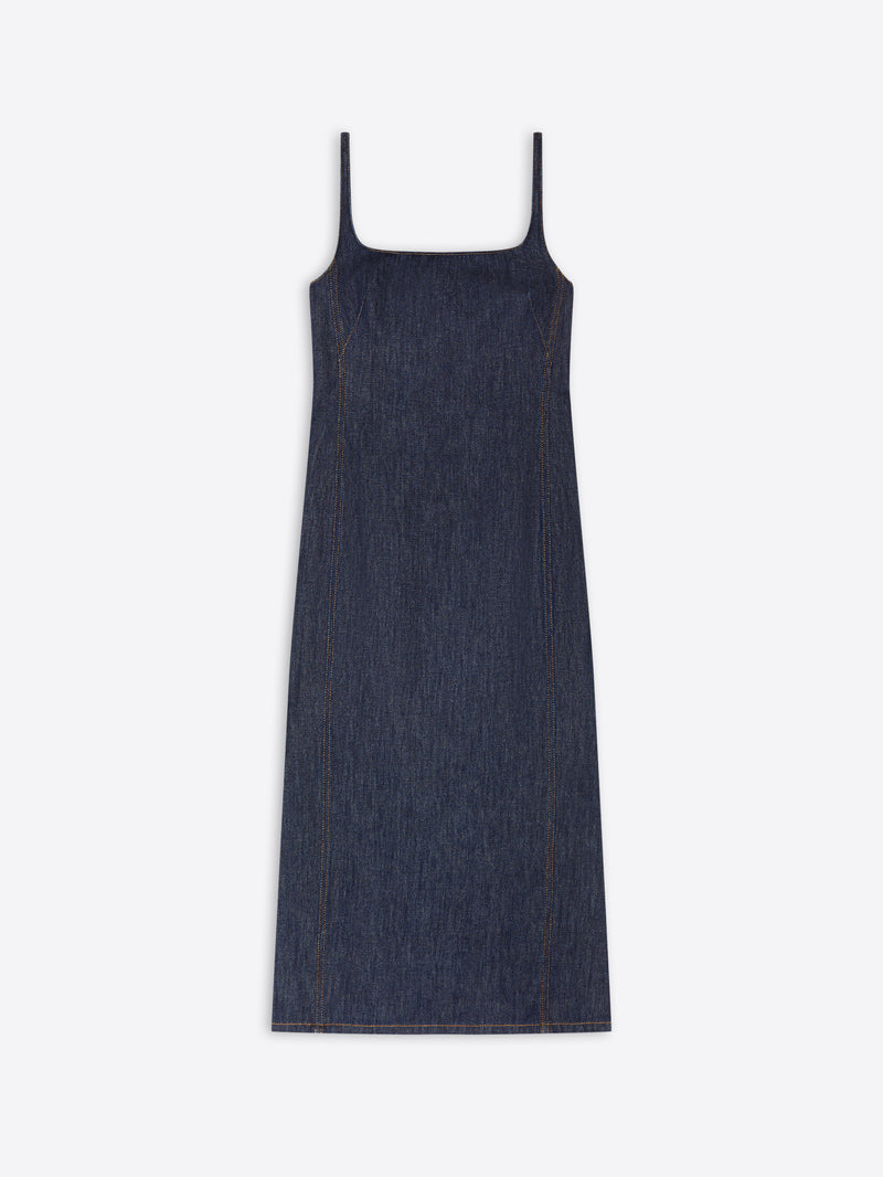 Denim dress with thin straps on a white background