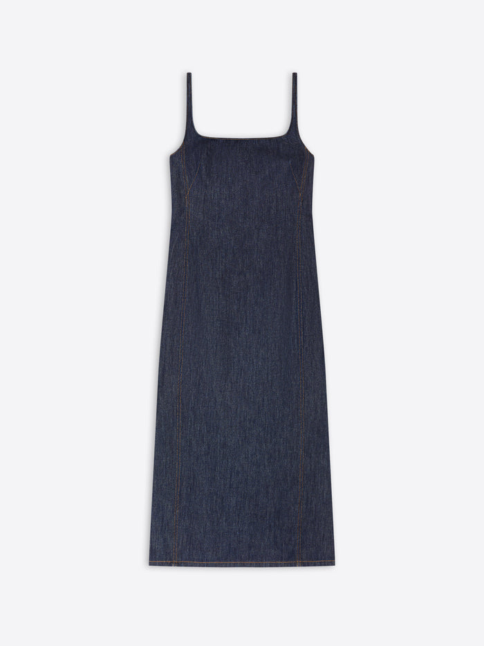 Denim dress with thin straps on a white background