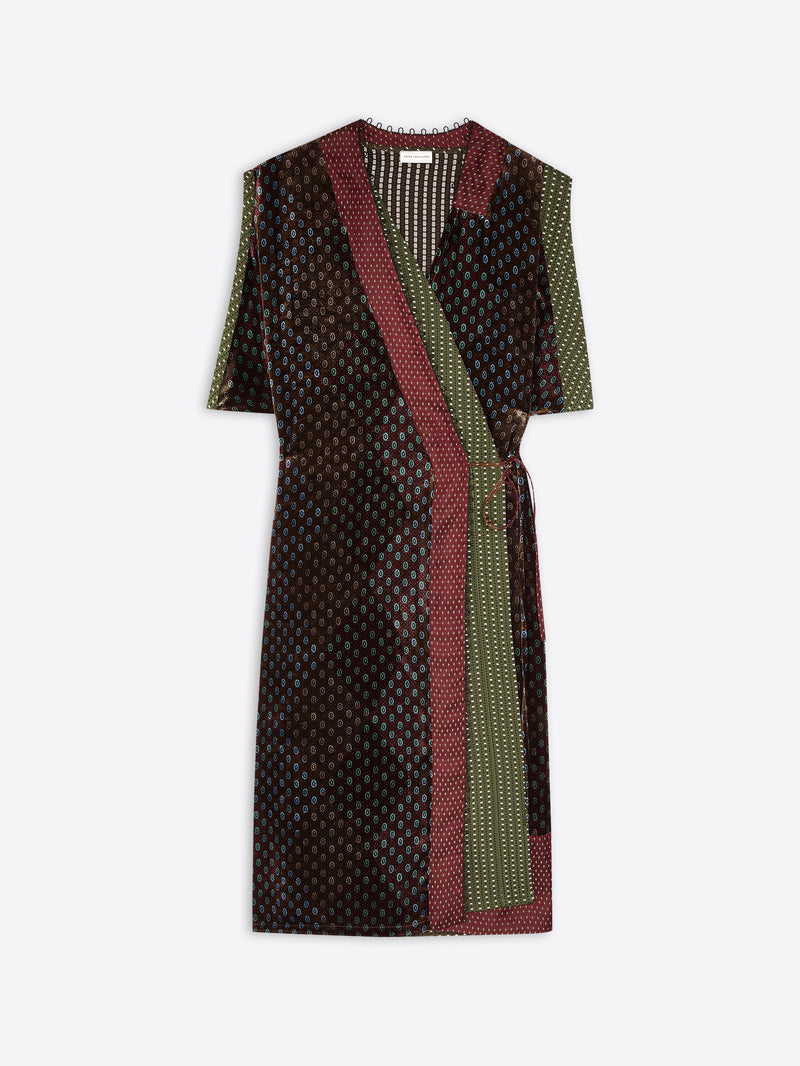 Patterned dress with a khaki color mix on a white background