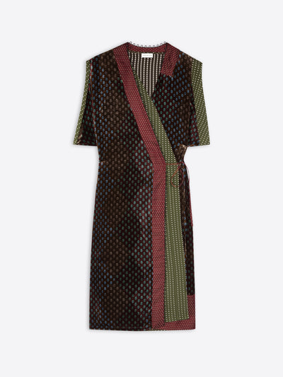 Patterned dress with a khaki color mix on a white background - Dries Van Noten