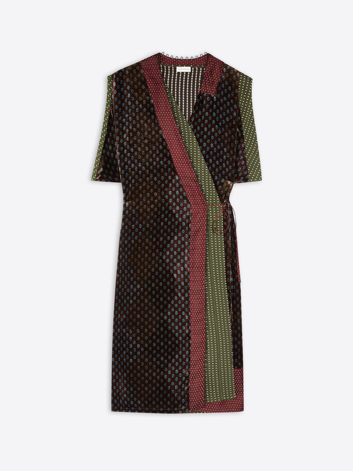 Patterned dress with a khaki color mix on a white background