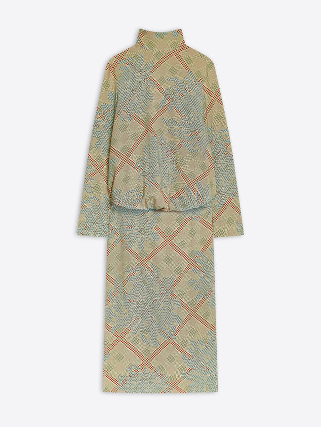 Patterned long-sleeve dress on a white background