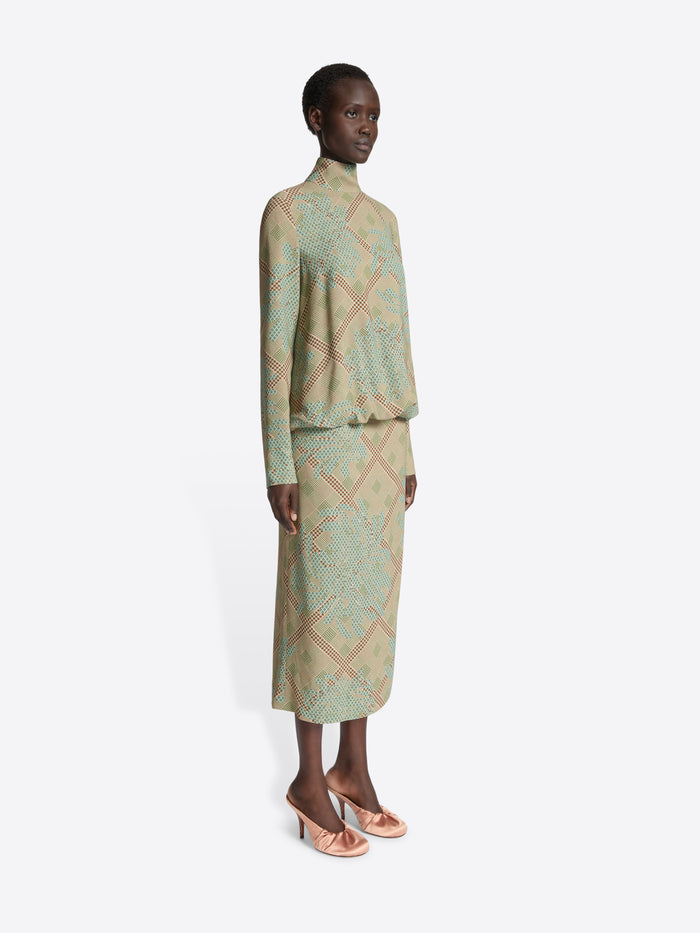 Person wearing a patterned long-sleeve dress on a white background