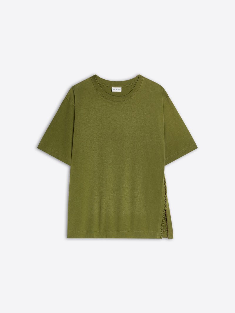 Green t-shirt with a side slit on a white background