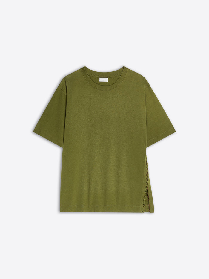 Green t-shirt with a side slit on a white background