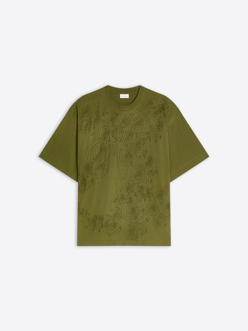 Green embroidered cotton tee on a white background