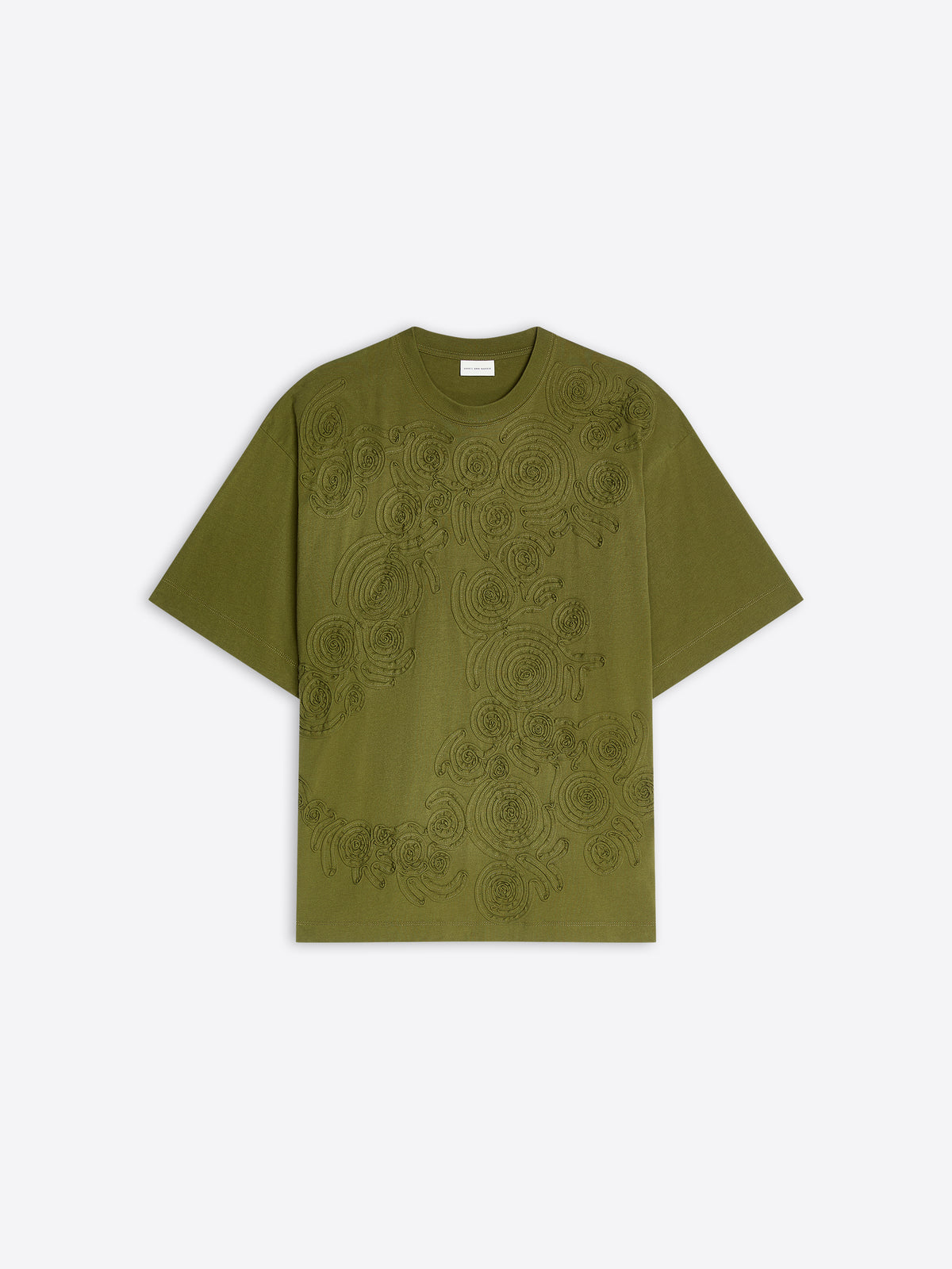 Green embroidered cotton tee on a white background