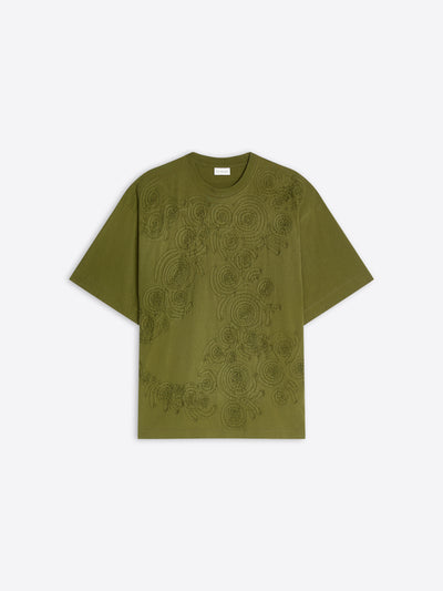 Green embroidered cotton tee on a white background - Dries Van Noten