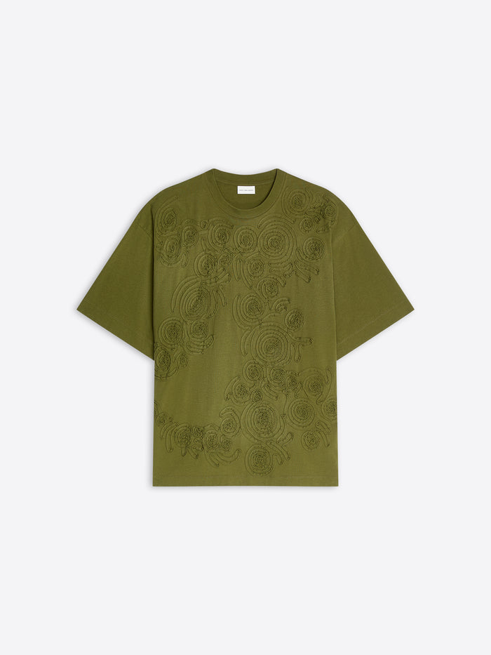 Green embroidered cotton tee on a white background