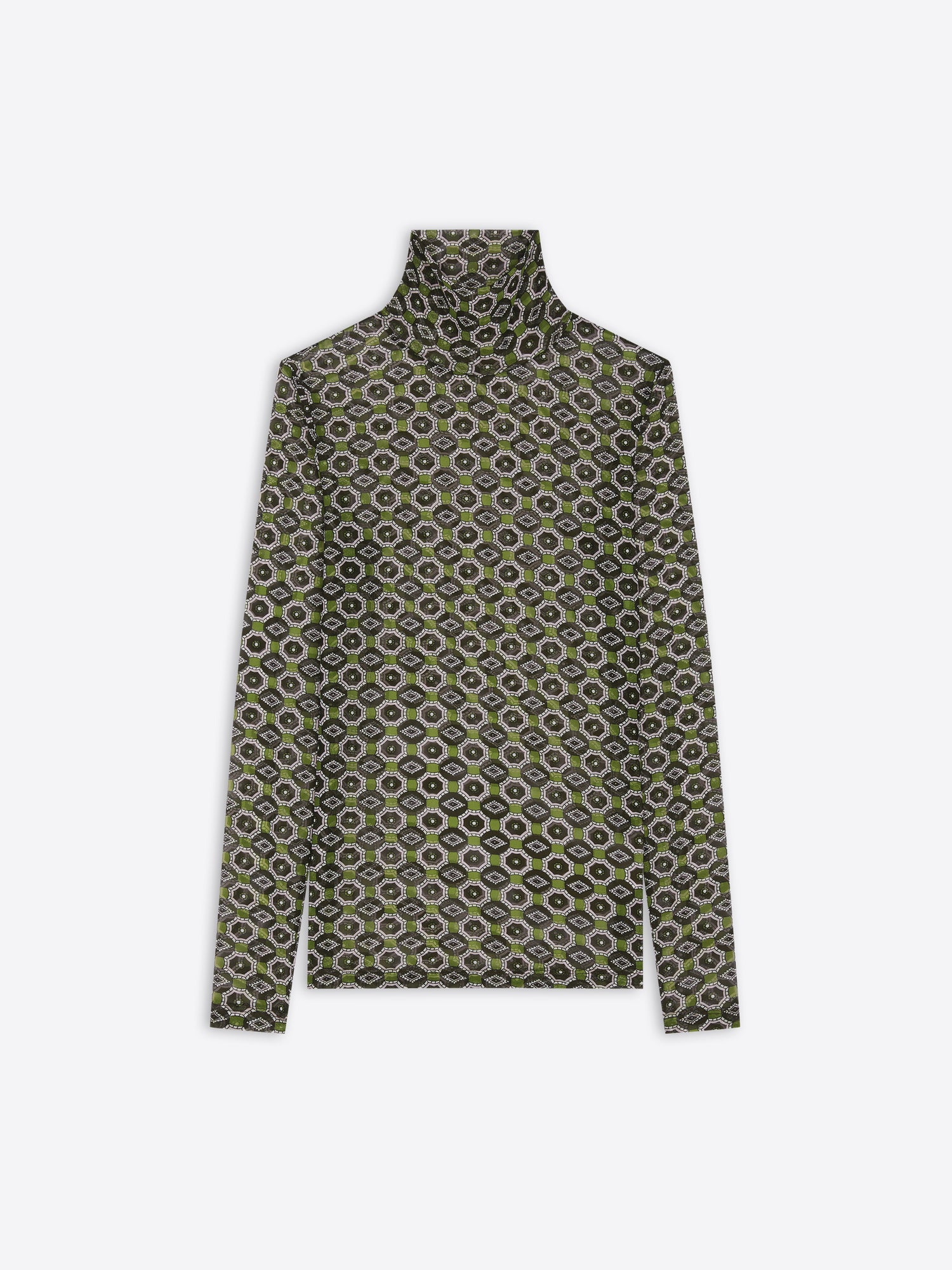 Patterned turtleneck sweater on a white background