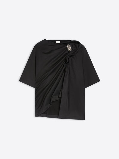 Black draped t-shirt with a brooch on a white background - Dries Van Noten
