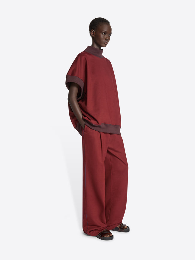 Person wearing maroon wide-leg pants on a white background