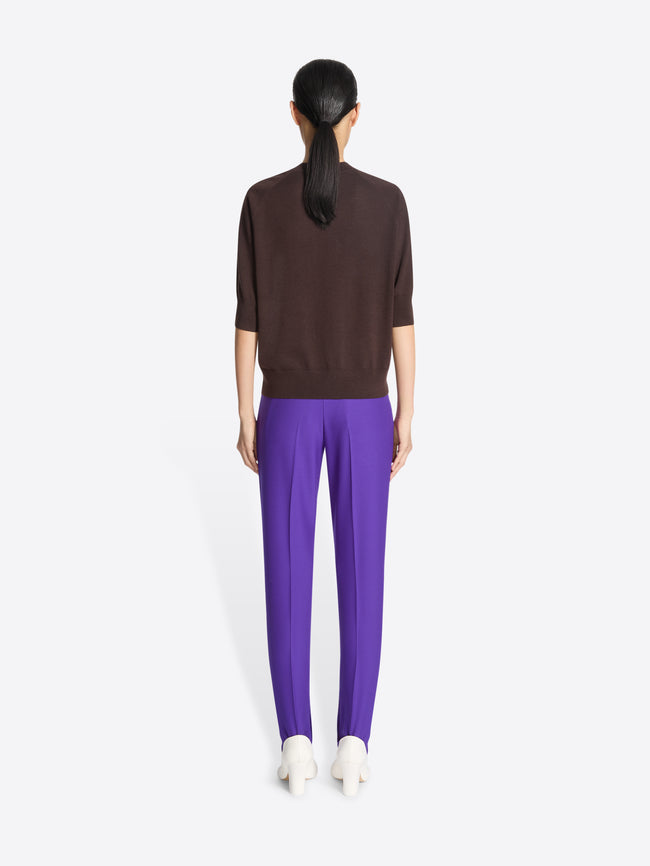 Person wearing a brown short sleeve sweater on a white background