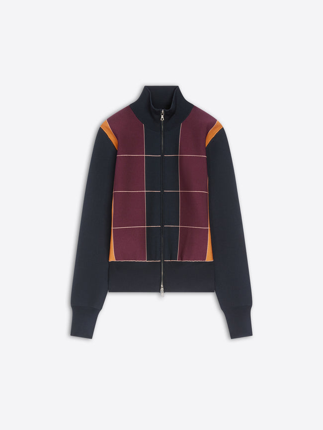 Color-blocked jacket with a grid pattern on a white background