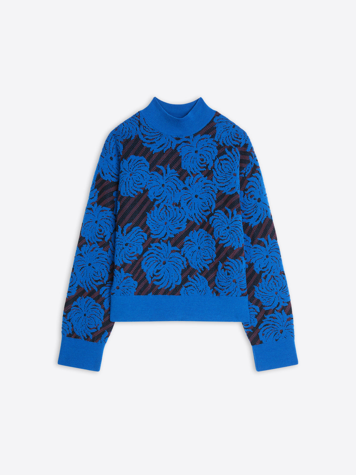 Blue sweater with flower pattern on a white background