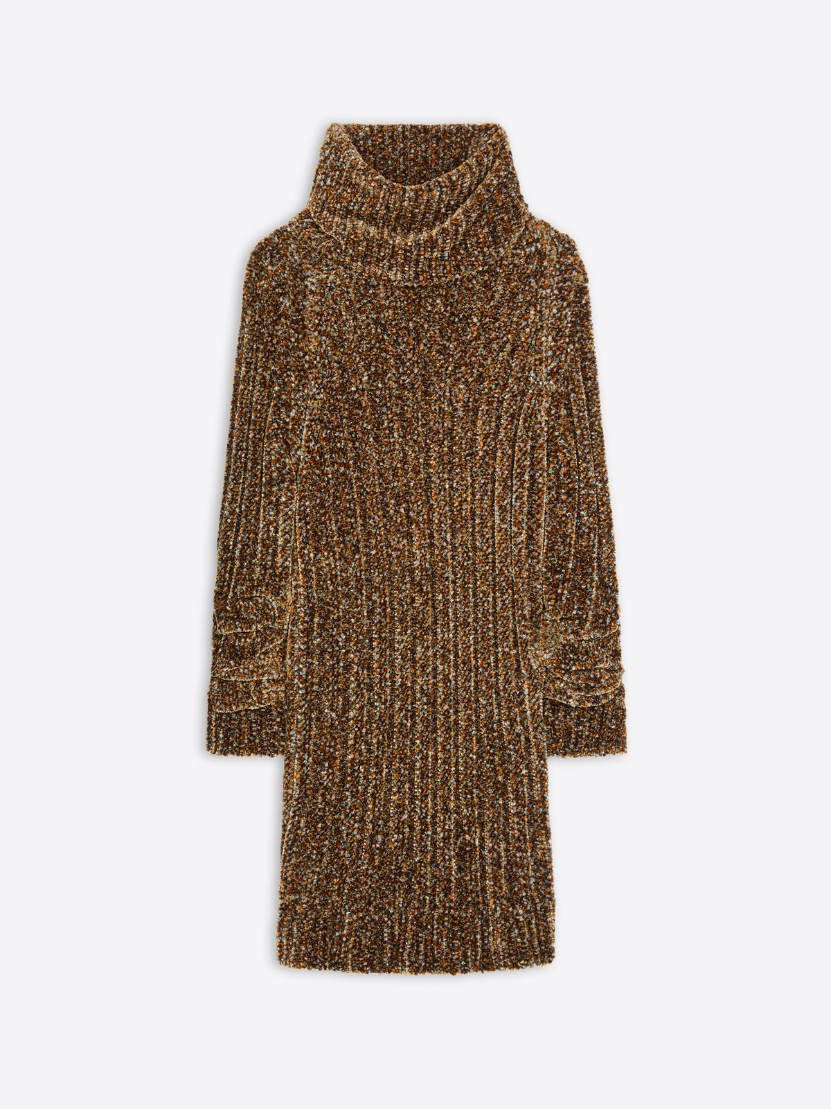 Brown ribbed knit dress on a white background