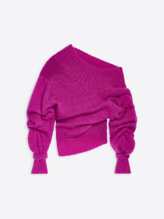 Pink off-shoulder sweater on a white background