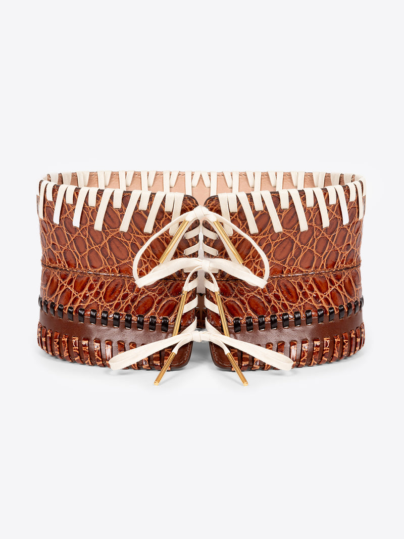 Brown leather belt with white pattern on a white background