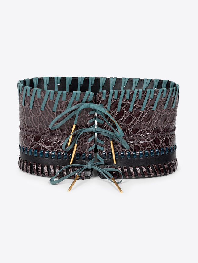 Taupe leather belt with white pattern on a white background