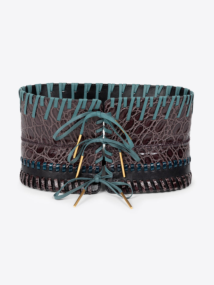 Taupe leather belt with white pattern on a white background