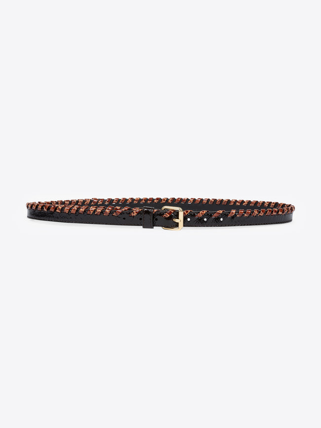Black belt with brown braided detail on a white background